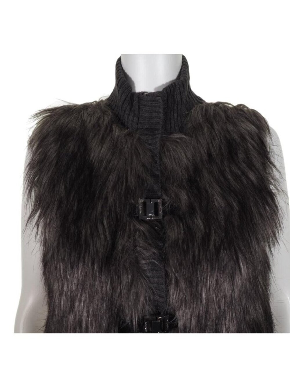 Calvin Klein Vest Faux Fur Size XS Womens Sweater Metal Closures Gray Mock Tunic - Picture 3 of 11